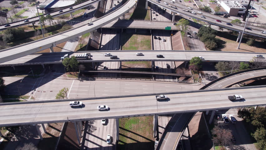Aerial View of Highway Interchange and Junction Just Outside Downtown Houston, Texas USA