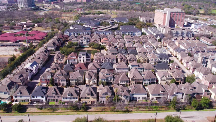 Aerial View of American Upscale Residential Community on Sunny Day, Hermann Park Houston USA