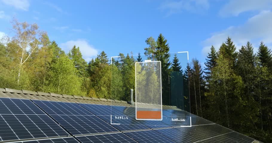 Charging battery icon overlay rendered on solar panels on a sunny house roof