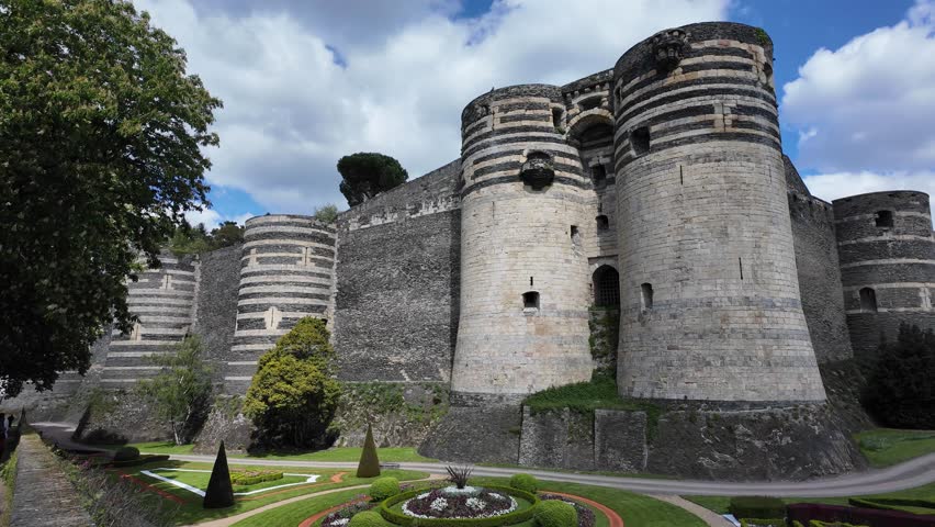 Gardens along bastions of Angers castle, France. Panning