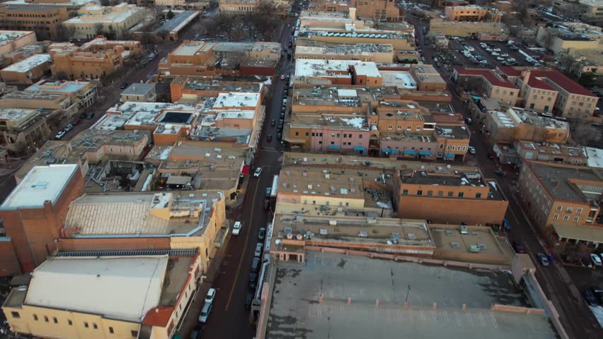 Aerial View, Santa Fe, New Mexico USA on Cloudy Day, Revealing Drone Shot, Buildings, Streets and Cathedral