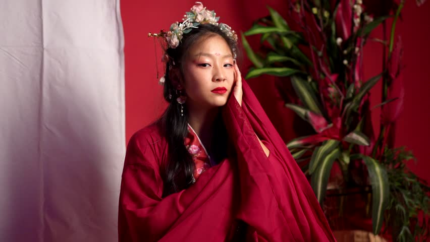 A woman in a red and white dress is sitting on a white surface. She is wearing a traditional Chinese dress and has her hands on her hips. The image has a sense of elegance and cultural significance