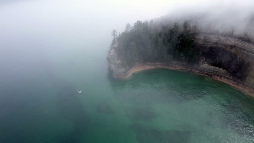  Aerial view Miners Castle Pictured Rocks National Lake shore static drone shot 