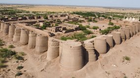 Ariel View of Derawar Fort. Ariel Drone View of Derawar Fort (Qila Derawar). Derawar Fort was originally founded as a Bhati fort in the 9th century CE. Qila Derawer in Cholistan Thar Desert. 4K Video