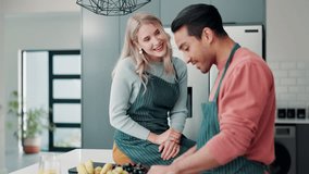Tablet, video and cooking in kitchen with couple reading healthy ebook, app and online learning. Happy, man and woman relax with tech in home and watch meal prep info with fruit and vegetables - Powered by Shutterstock - Get 15% off with code: PIKWIZARD15