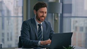 Creative startuper working laptop at luxury workplace closeup. Smiling man freelancer looking papers satisfied business data. Happy businessman reading project report feeling success in office room - Powered by Shutterstock - Get 15% off with code: PIKWIZARD15