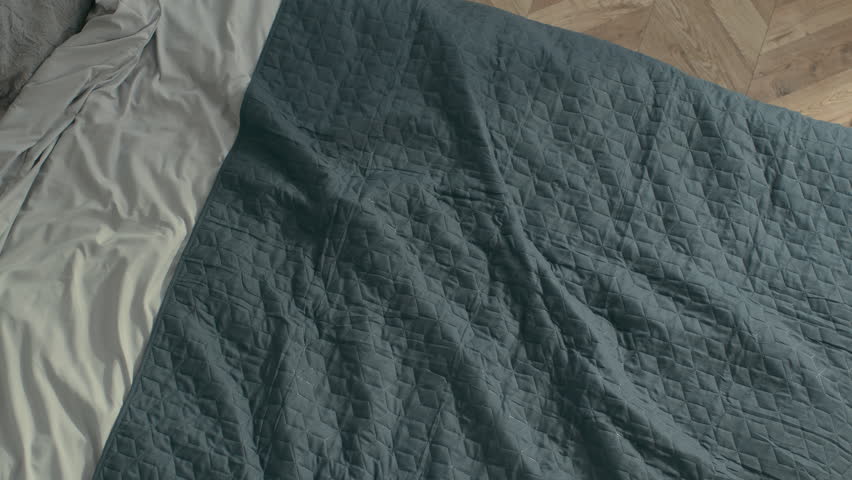 Top view Caucasian Young woman brunette fall on bed rest pleasure happiness smile laughter fun girl bedroom domestic lifestyle carefree lady enjoy positive relaxed lying soft mattress cozy comfortable