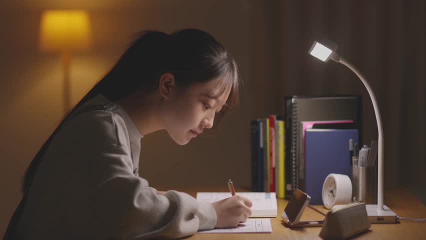 A high school girl studying for an exam in her room
