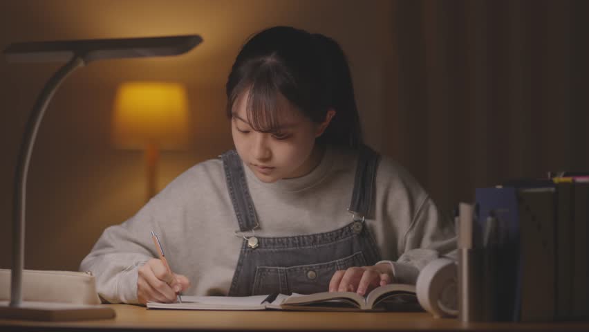 A high school girl studying for an exam in her room