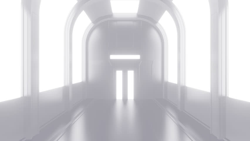 Opening gate or door in white futuristic tunnel spaceship or science laboratory corridor . Sci-fi concept design in realistic 3d style. Digital animation with alpha matte channel.