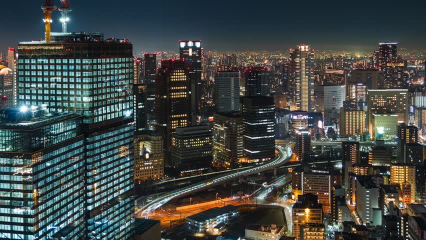 Timelapse view of Osaka cityscape at night in the Umeda District of Osaka, Kansai Region, Japan.