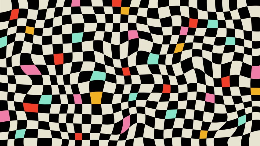 Retro black and white checkerboard pattern with colorful squares, checkered wavy abstract geometric optical illusion looping background. 