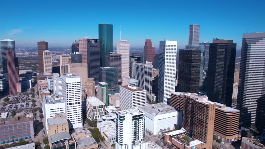 Downtown Houston Texas USA. Establishing Drone Shot of Towers and Skyscrapers in Central Financial District