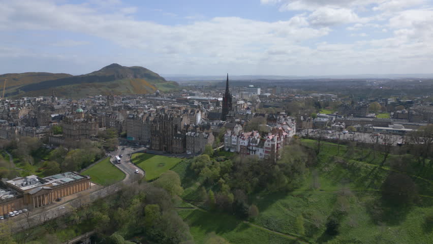 Establishing Aerial Cityscape of Edinburgh City, Drone Dolly In, Sunny