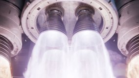 Large Rocket Engine Ignition. Powerful and Hot Flames Burst out of the Nozzle after Initial Impulse. Rocket Launch at Night. Vertical Takeoff of Large Space Exploration Rocket with Boosters.  - Powered by Shutterstock - Get 15% off with code: PIKWIZARD15