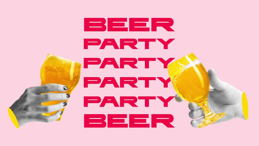 Stop motion. Contemporary animation. Two people clinking glasses of beer together, with festive text beer party. Concept of party, fun and joy, Friday mood, Oktoberfest, summer mood. Ad