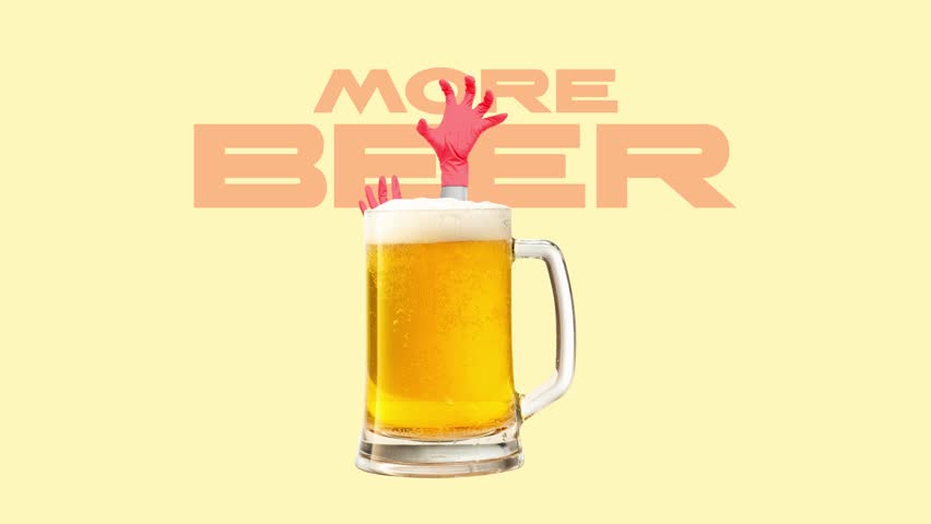 Stop motion. Contemporary animation. Glass of beer with two hands in gloves sticking out of it against background with inscription more beer. Concept of party, fun, Friday mood, Oktoberfest, summer