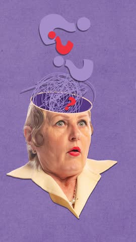 Stop motion, animation. Creative design. Question marks appearing from senior woman head meaning lack of information. Concept of surrealism, creativity, imagination, thoughts, social issue