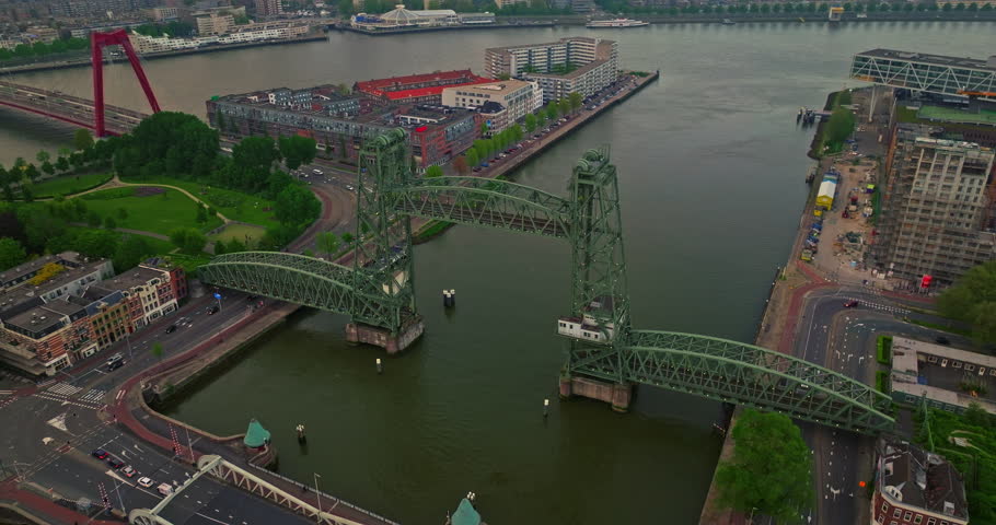 Aerial view of Rotterdam. Noordereiland Island. View of the city center. River Nieuwe Maas. The Netherlands