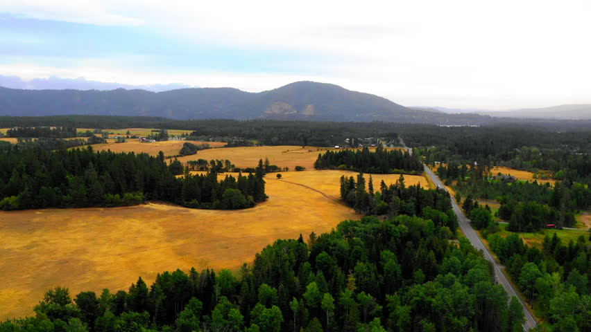 Aerial Beautiful Shot Of Tranquil Mountains, Drone Flying Backwards Over Green Trees On Landscape - Coeur d