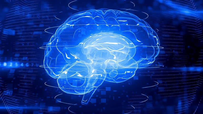 Human brain, highlighted in blue, and surrounded by streams of data and code. It depicts artificial intelligence, complex data processing, advanced technology related to the brain