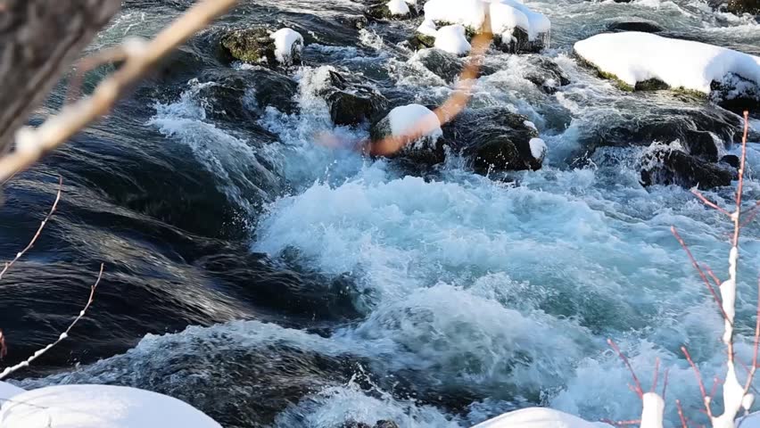 Slow dolly right captures the vibrant rush of snowy rapids in a serene winter park.