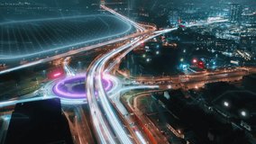 Aerial time lapse hyperlapse futuristic digital city glowing light trails animation. Cityscape highway at night. Cars driving intersection freeway. Smart city drone top view, artificial intelligence - Powered by Shutterstock - Get 15% off with code: PIKWIZARD15