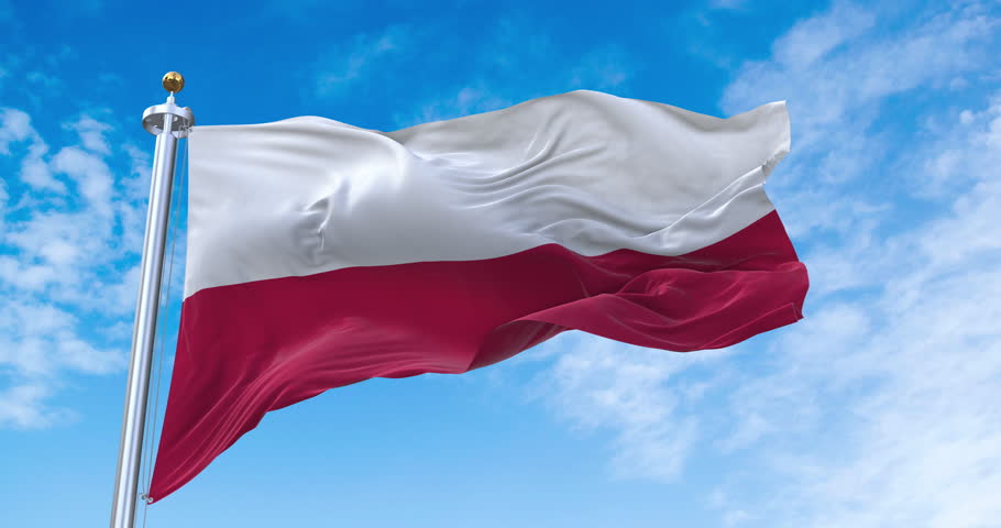 Flag of Poland realistic waving in the wind with sky background (Perfect Loop)