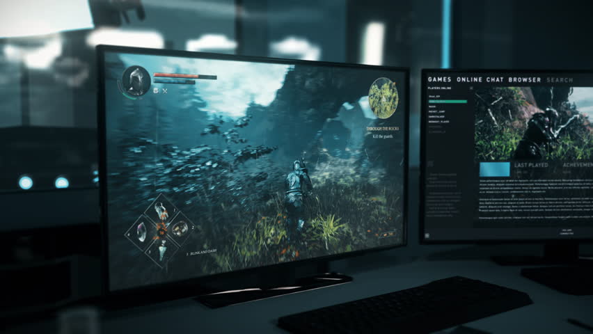 Enjoying the fantasy mockup pc gaming simulator. Playing through the quest mission of the mockup pc gaming adventure. Animation of the mockup pc gaming character fighting in the forest. Defeat.