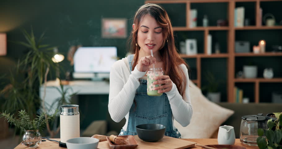 Relax, kitchen and woman with ingredients for matcha drink for health, wellness and nutrition. Morning, home and person with glass for green tea, protein milkshake and smoothie for breakfast detox