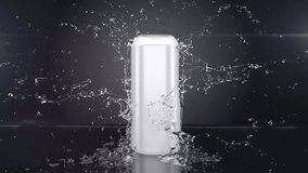 Closeup Slow motion Water splash from back Can Product object isolate on black background. 3D animation. - Powered by Shutterstock - Get 15% off with code: PIKWIZARD15