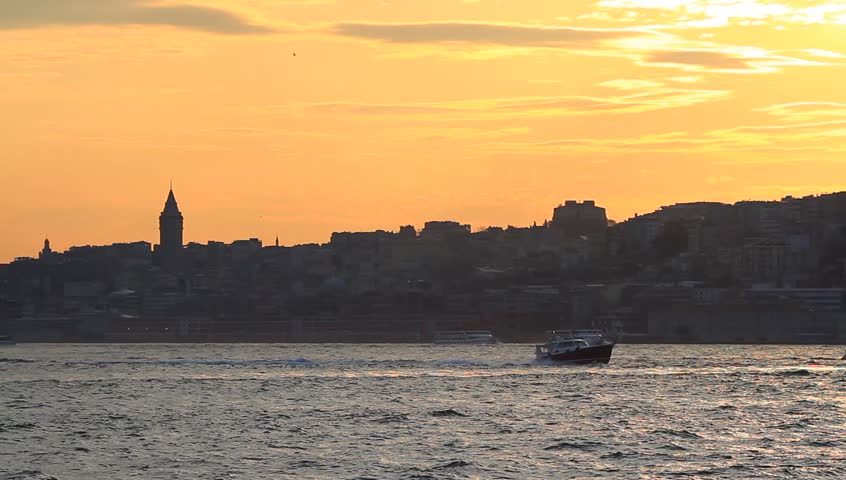 Karakoy - Tophane at sunset in Istanbul. In the distance are Galata Tower and