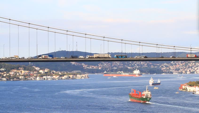 Very heavy traffic both in Bosporus as well as on the bridge in Istanbul,