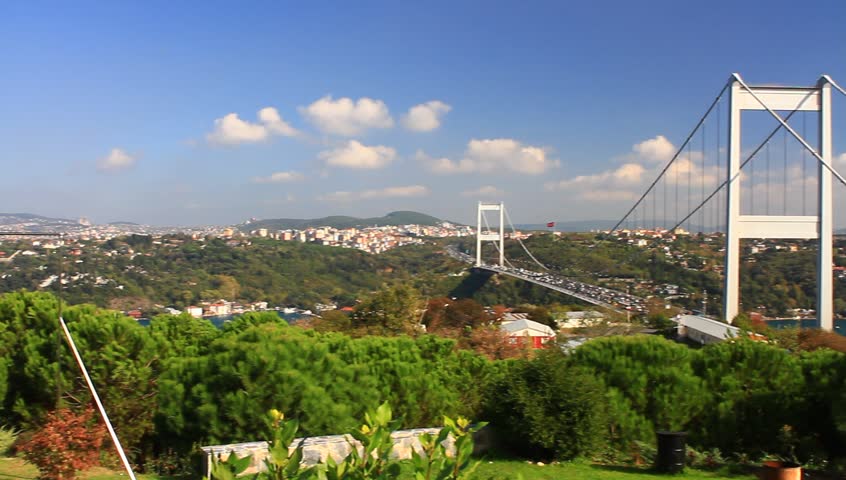 Pan to the FSM Bridge. Panoramic view of Bosporus from Vakif Tepe, Istanbul. 
