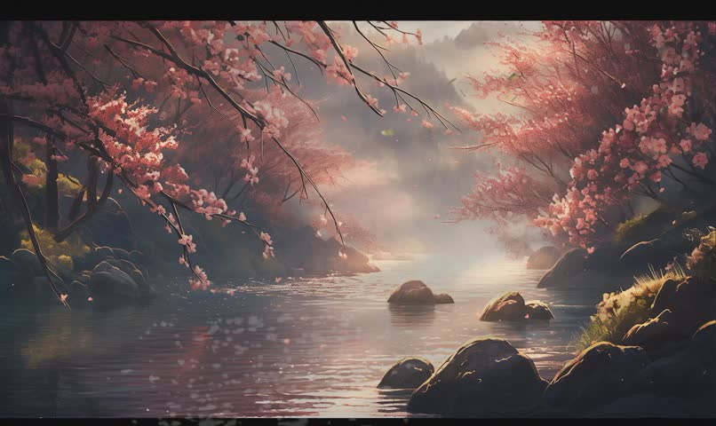 Cherry blossom with river landscape background 