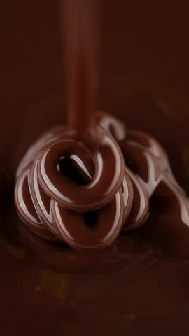 Pouring melted dark chocolate, close up. Liquid hot chocolate. Confectioner prepares chocolate dessert, glaze