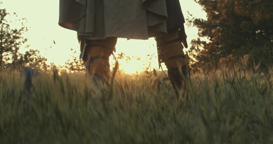 A man in a medieval knight costume stands in a forest with a sword above his head against the backdrop of the blue evening sky and the glare of the sunset overhead. The camera moves from bottom to top