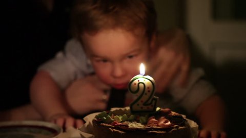 Kid's birthday. Boy blows out the candle with number 2 in the cake.