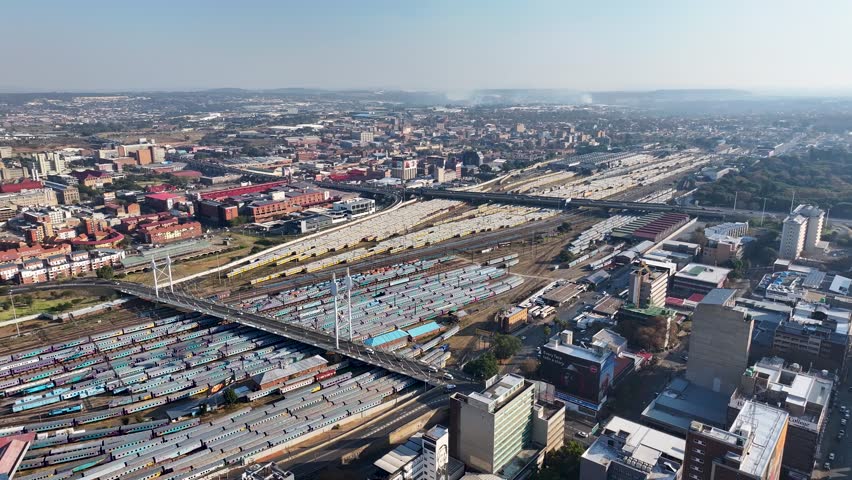 Nelson Mandela Bridge At Johannesburg In Gauteng South Africa. Downtown Cityscape. Business District Background. Johannesburg At Gauteng South Africa. High Rise Buildings. City Landmark.