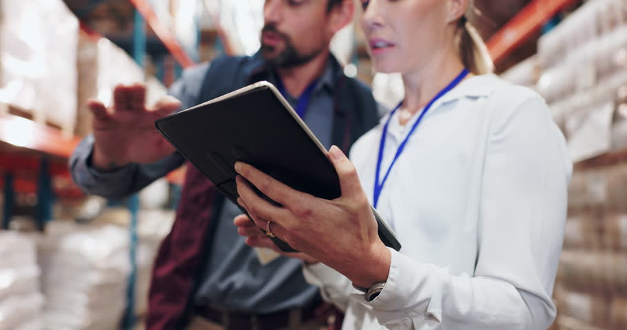 Logistics, tablet and industrial hands planning for warehouse, ecommerce or supply chain solution. Serious people on digital tech for teamwork, shipping or stock risk management with courier service