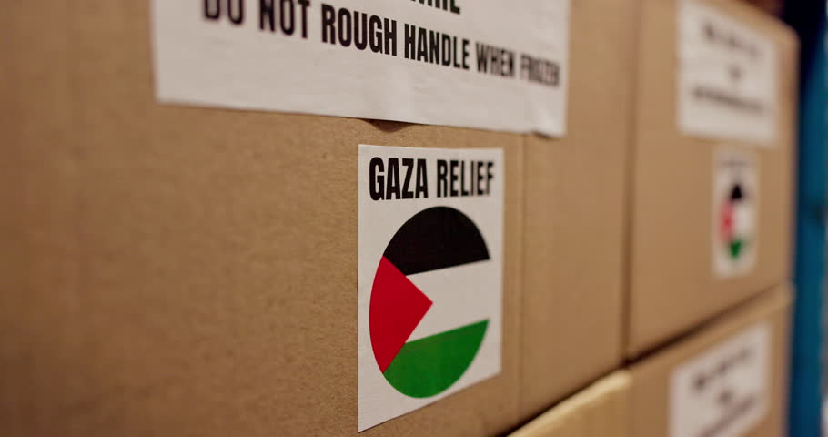 Palestine, box and donation relief or package for shipping, ngo and famine crisis or humanitarian response with food parcel. Storage, outreach support and war help, distribution and export with label