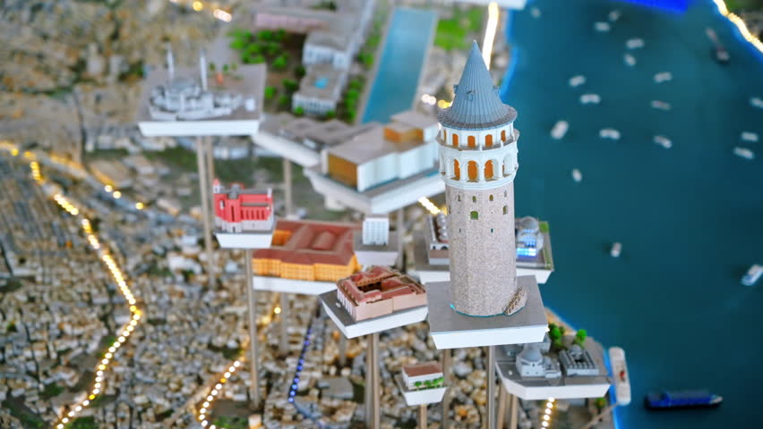 Close view of 3D map of Istanbul, Turkey. Galata tower and other landmarks