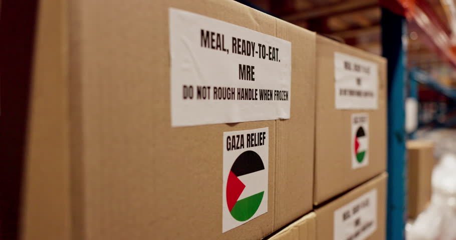Palestine, box and donation help or package for shipping, ngo and famine crisis or humanitarian response with food parcel. Storage, outreach support and war relief, distribution and export with label