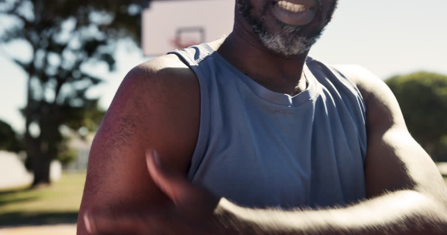 Hands, shoulder pain and man with injury outdoor at basketball court for exercise, fitness and training accident. Arm, sports and massage muscle for arthritis, fibromyalgia or health problem closeup
