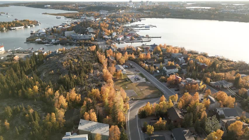 Aerial view of Yellowknife Bay and Old Town in Autumn. Yellowknife, Great Slave Lake, Northwest Territories, Canada.