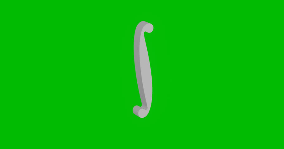Animation of rotation of a white integral symbol with shadow. Simple and complex rotation. Seamless looped 4k animation on green chroma key background