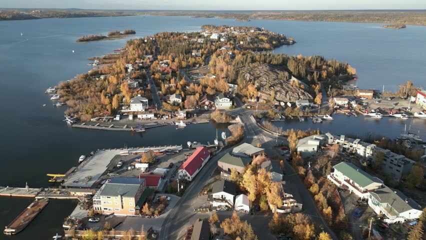 Aerial view of Yellowknife Bay and Old Town in Autumn. Yellowknife, Great Slave Lake, Northwest Territories, Canada.
