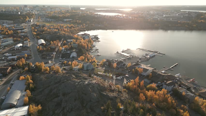 Aerial view of Yellowknife Bay and Old Town in Autumn. Yellowknife, Great Slave Lake, Northwest Territories, Canada.