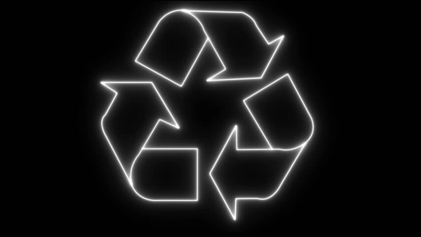 Glowing looping icon recycling symbol neon effect, black background