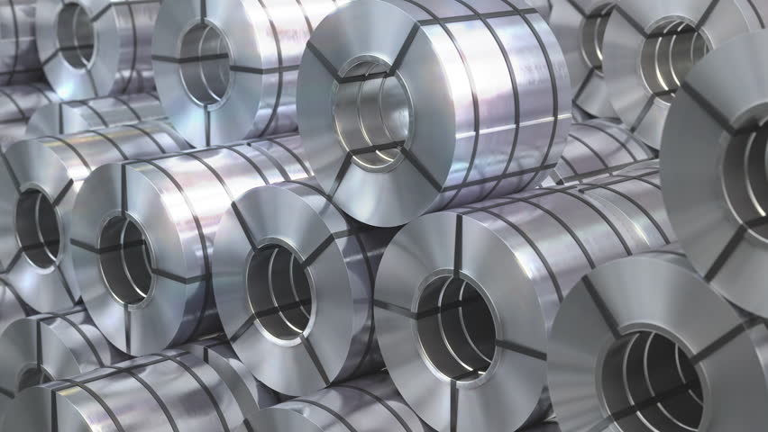 Rolled steel coil in warehouse of plant. Production of steel sheets in rolls and metal products. 3D Illustration